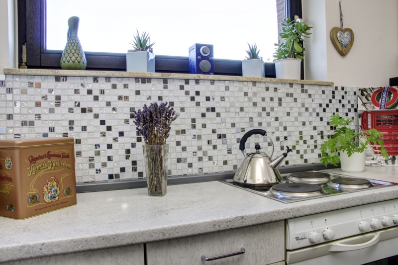 Carreaux de mosaïque fond de cuisine autocollant acier inoxydable blanc mosaïque de verre acier blanc verre MOS200-4CM24_f