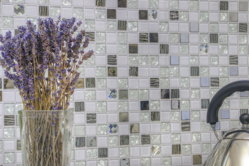 Carreaux de mosaïque fond de cuisine autocollant acier inoxydable blanc mosaïque de verre acier blanc verre MOS200-4CM24_f
