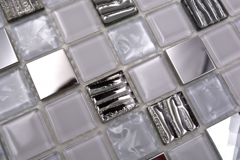 Carreaux de mosaïque fond de cuisine autocollant acier inoxydable blanc mosaïque de verre acier blanc verre MOS200-4CM24_f