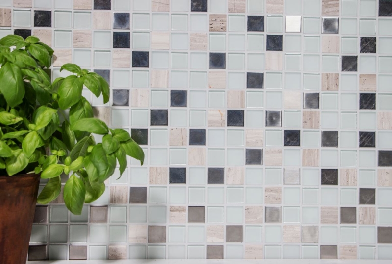Carreaux de mosaïque fond de cuisine autocollant pierre acier inoxydable blanc mosaïque de verre pierre acier blanc verre MOS200-4CM32_f