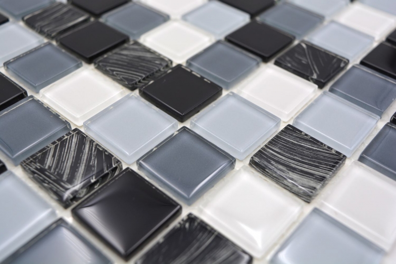 Carreaux de mosaïque fond de cuisine autocollant blanc gris noir mosaïque de verre gris noir blanc essuyé MOS200-4CM28_f