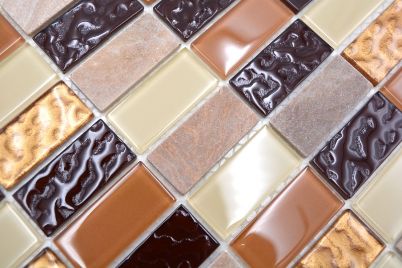 Carreaux de mosaïque fond de cuisine autocollant pierre beige marron rectangle mosaïque de verre pierre beige marron MOS200-4MS75_f
