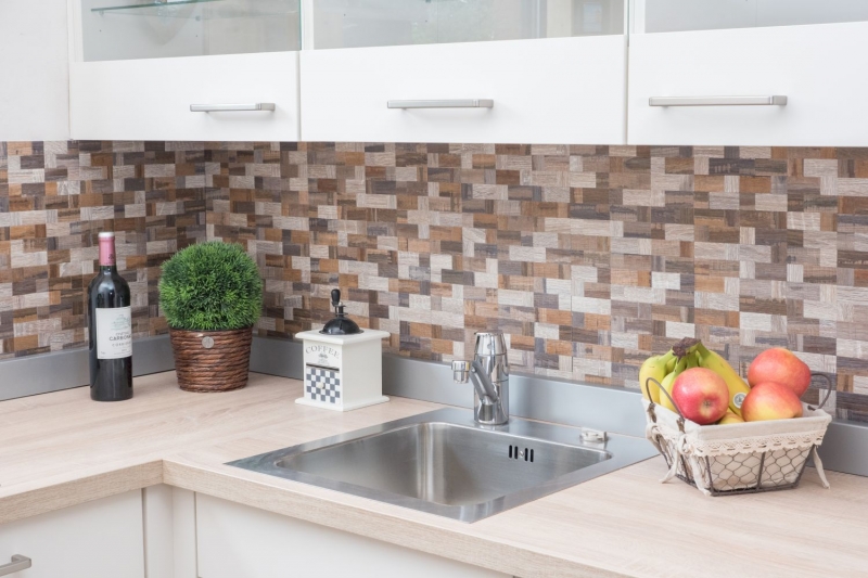 Carreaux de mosaïque fond de cuisine autocollant aluminium gris beige combinaison métal aspect bois MOS200-2322_f