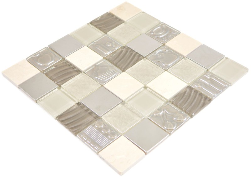 Carré Crystal/pierre/acier mix relief beige Mosaïque murale carrelage cuisine salle de bain MOS88-1224_f
