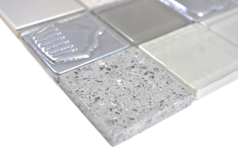 Carré Crystal/Artificial/Pierre/Acier mix Relief grey Carreau de mosaïque murale Carrelage cuisine salle de bain MOS88-0217_f