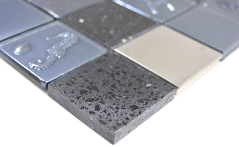 Carré Crystal/Artificial/Stahl mix Relief black Carreau de mosaïque murale Cuisine Salle de bain