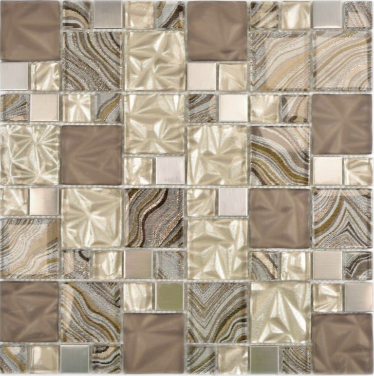 Mosaïque de verre Combinaison acier mix beige marron Carreau de mosaïque murale Carrelage cuisine salle de bain MOS88-1207_f