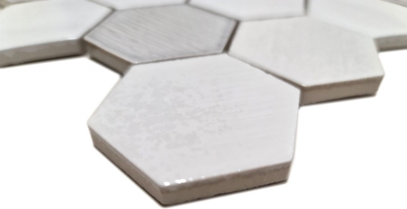 Motif manuel Carreau de mosaïque Céramique Hexagonal blanc brillant Cuisine Salle de bains MOS11K-SAN1_m