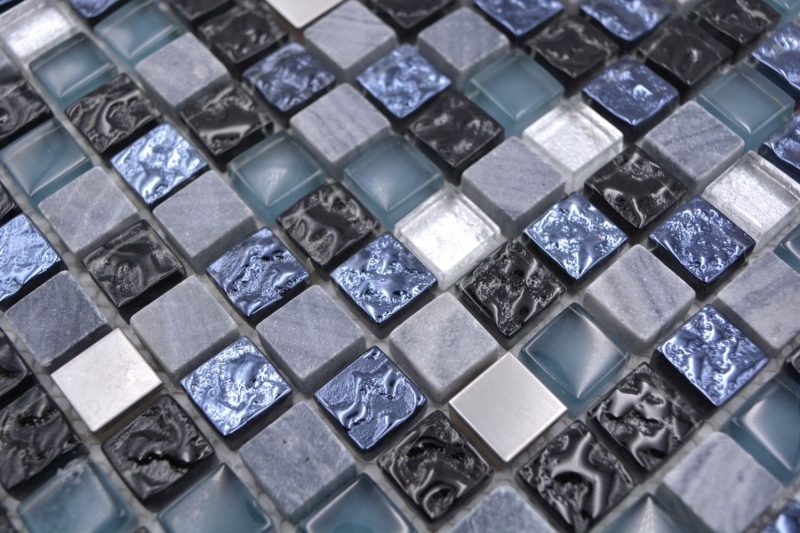 Échantillon manuel Carreau de mosaïque verre pierre naturelle pierre acier mix bleu gris cuisine mur salle de bain MOS92-670_m