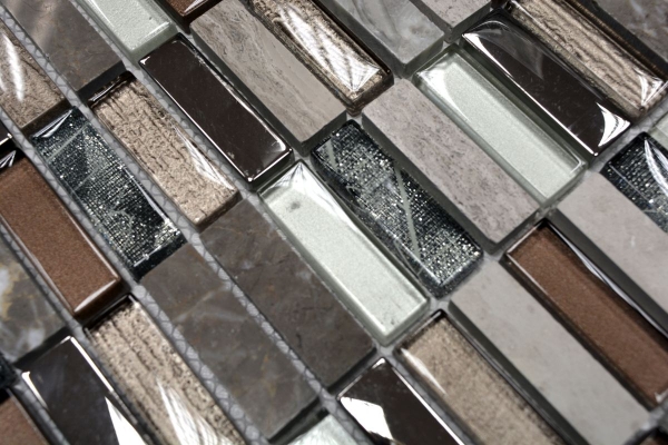 Lames Rectangle Carreaux Mosaïque de verre Bâtons brun clair argent gris Pierre naturelle Marbre Carrelage Cuisine Mur - MOS87-SM68_f | 10 Tapis de mosaïque