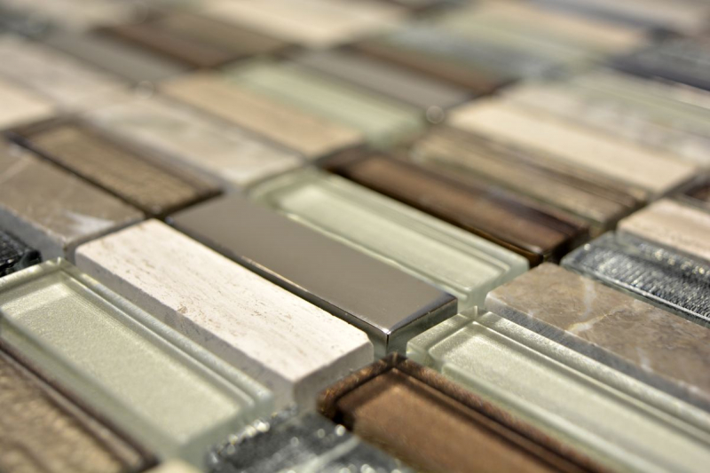 Lames Rectangle Carreaux Mosaïque de verre Bâtons brun clair argent gris Pierre naturelle Marbre Carrelage Cuisine Mur - MOS87-SM68_f | 10 Tapis de mosaïque