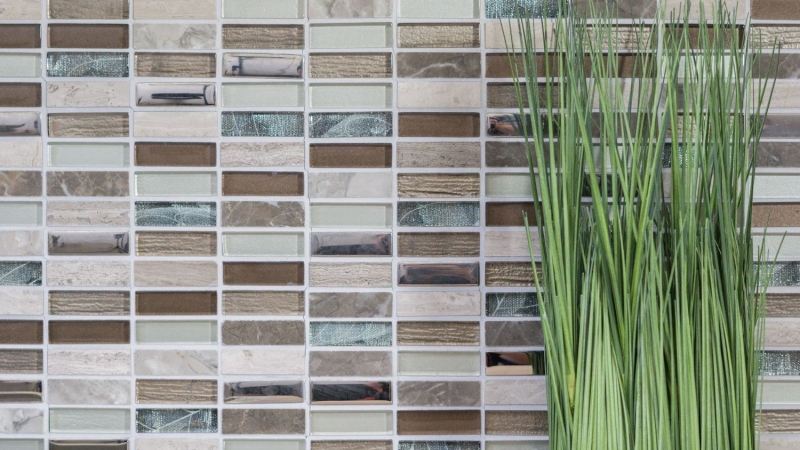 Lames Rectangle Carreaux Mosaïque de verre Bâtons brun clair argent gris Pierre naturelle Marbre Carrelage Cuisine Mur - MOS87-SM68_f | 10 Tapis de mosaïque