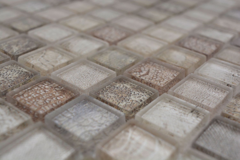 Échantillon manuel de mosaïque de verre carreau de mosaïque beige brillant crocodile structure mur cuisine salle de bain douche MOS68-WL34_m