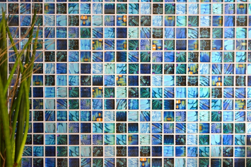 Motif main Mosaïque de verre bleu brillant Bird mur cuisine salle de bain douche MOS68-WL74_m