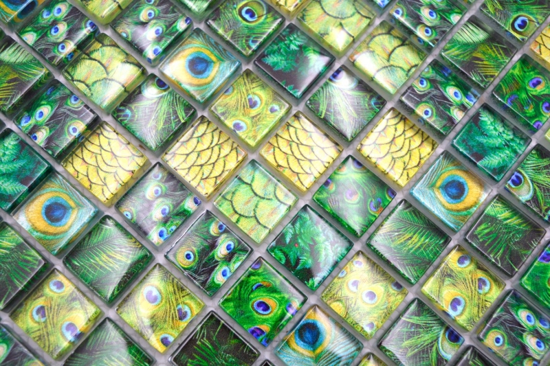 Motif main Mosaïque de verre vert brillant Paon mur cuisine salle de bain douche MOS68-WL84_m