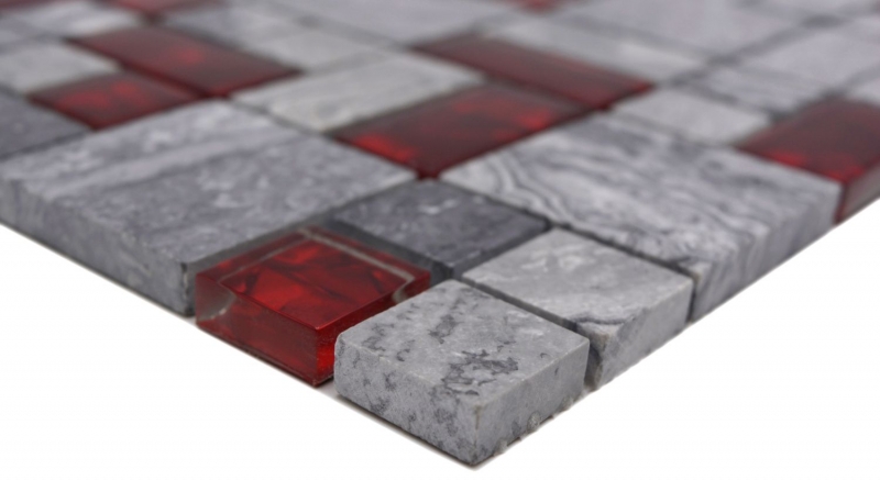 Motif main pierre naturelle mosaïque de verre gris avec rouge brillant mur sol cuisine salle de bain douche - MOS88-0409_m