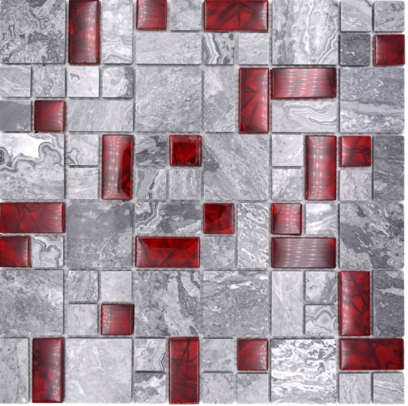 Motif main pierre naturelle mosaïque de verre gris avec rouge brillant mur sol cuisine salle de bain douche - MOS88-0409_m