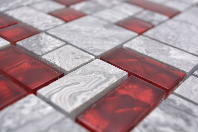 Motif main pierre naturelle mosaïque de verre gris avec rouge brillant mur sol cuisine salle de bain douche - MOS88-0409_m
