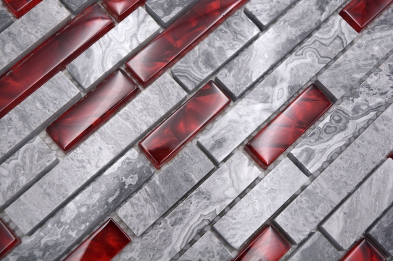Motif main pierre naturelle mosaïque de verre gris avec rouge brillant mur cuisine salle de bain douche - MOS87-0409_m