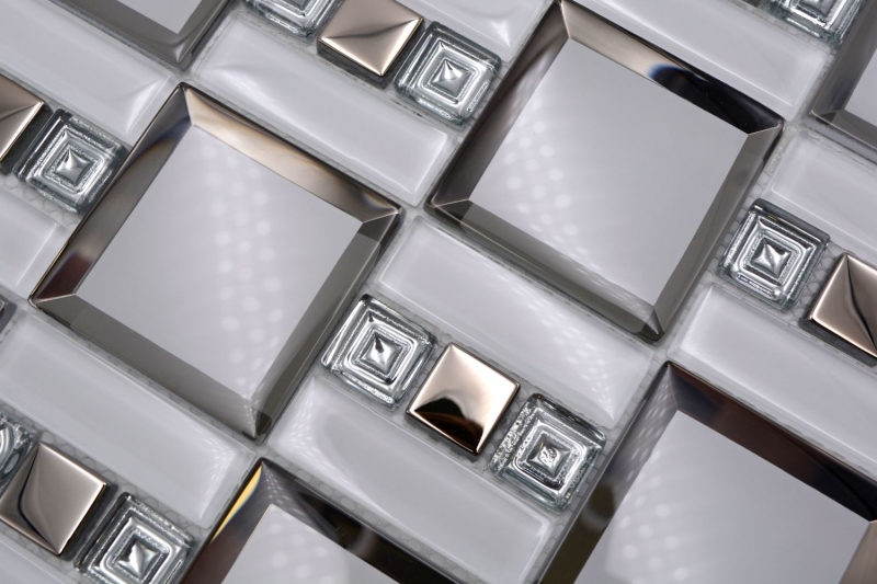 Échantillon manuel Mosaïque de verre blanc argenté brillant mur cuisine salle de bain douche MOS88-SQ98_m