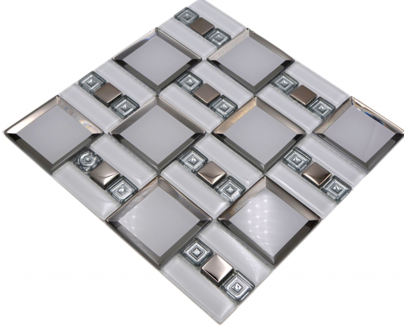 Échantillon manuel Mosaïque de verre blanc argenté brillant mur cuisine salle de bain douche MOS88-SQ98_m