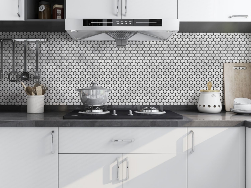 Mosaïque céramique Bouton Loop Penny Rond Cararra blanc gris mat MOS10-1102GR