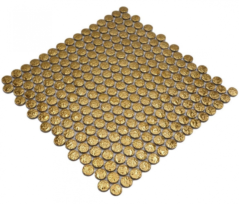 Carreau de mosaïque céramique Bouton Loop Penny rond uni or martelé MOS10-0707
