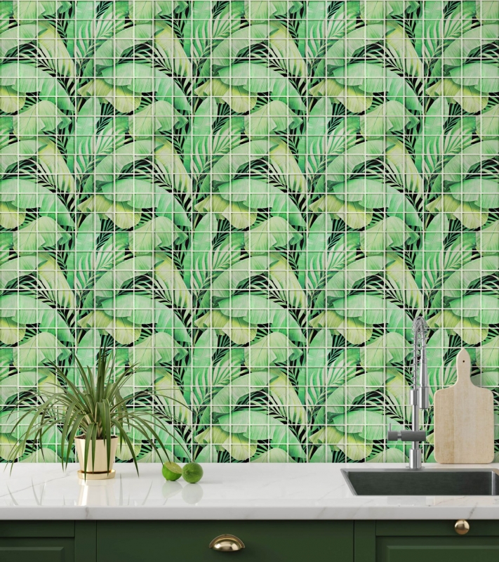 Mosaïque de verre Forêt pluviale vert Feuilles optiques MOS88-Pic01
