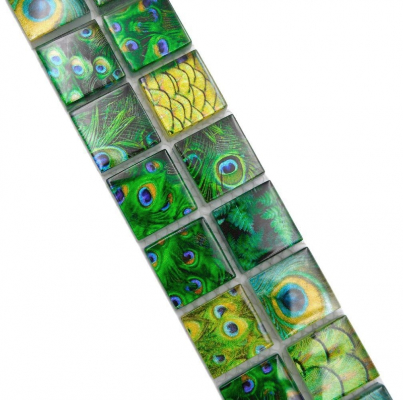 Mosaïque Borde bordures Mosaïque de verre monde animal paon vert foncé vert clair jaune MOS68BOR-WL84
