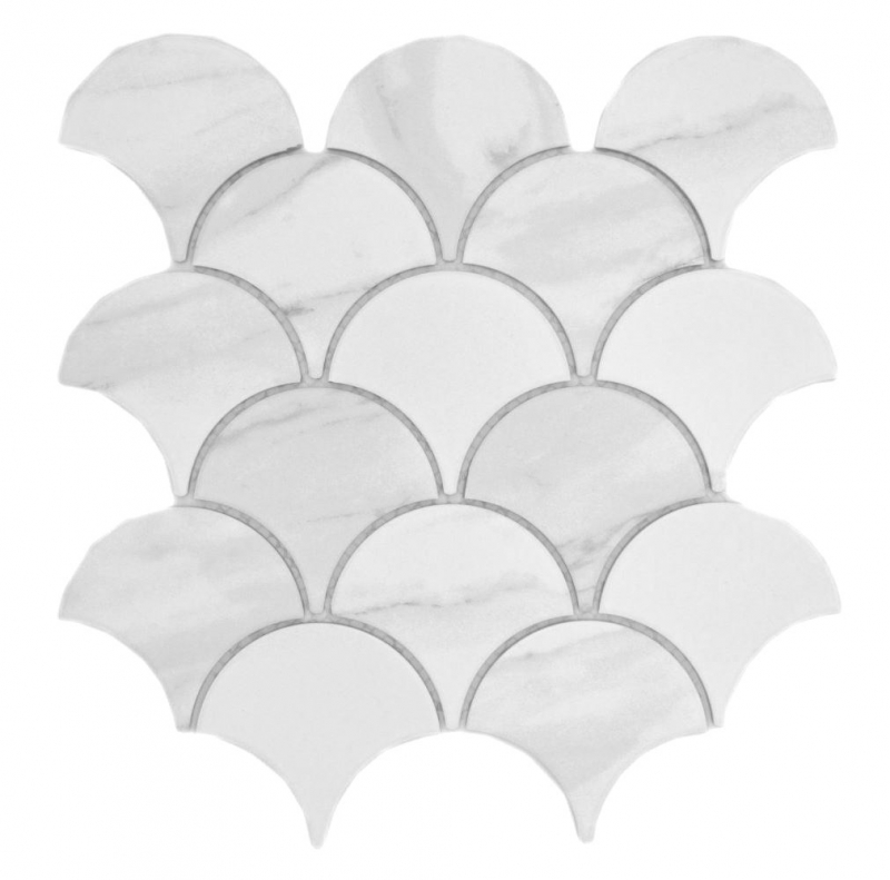 Échantillon manuel de mosaïque céramique éventail Cararra écailles de poisson blanc gris mat MOS13-FS0102_m