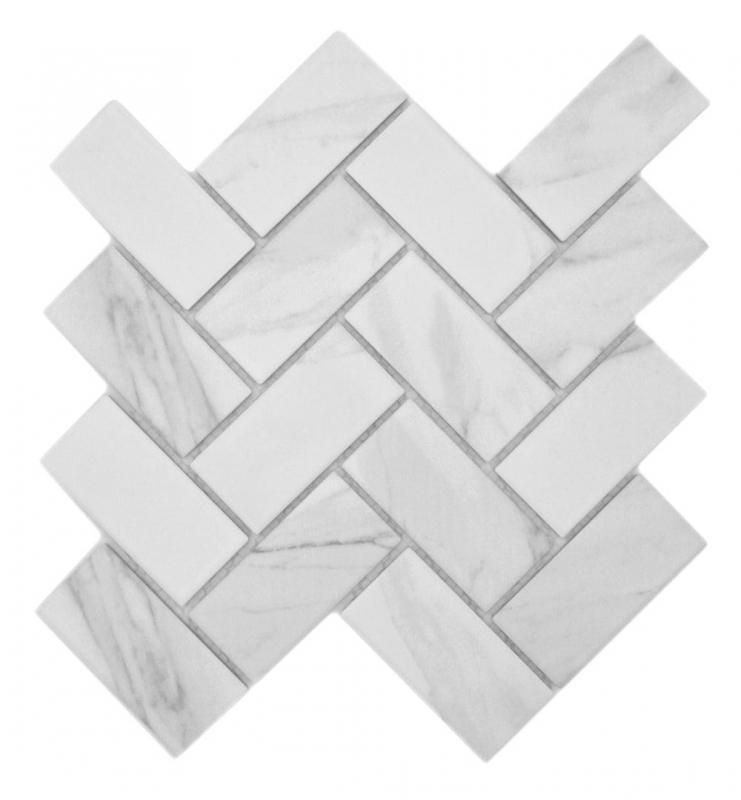 Échantillon manuel Carreau de mosaïque céramique à chevrons aspect Carrare blanc gris mat MOS24-1102_m