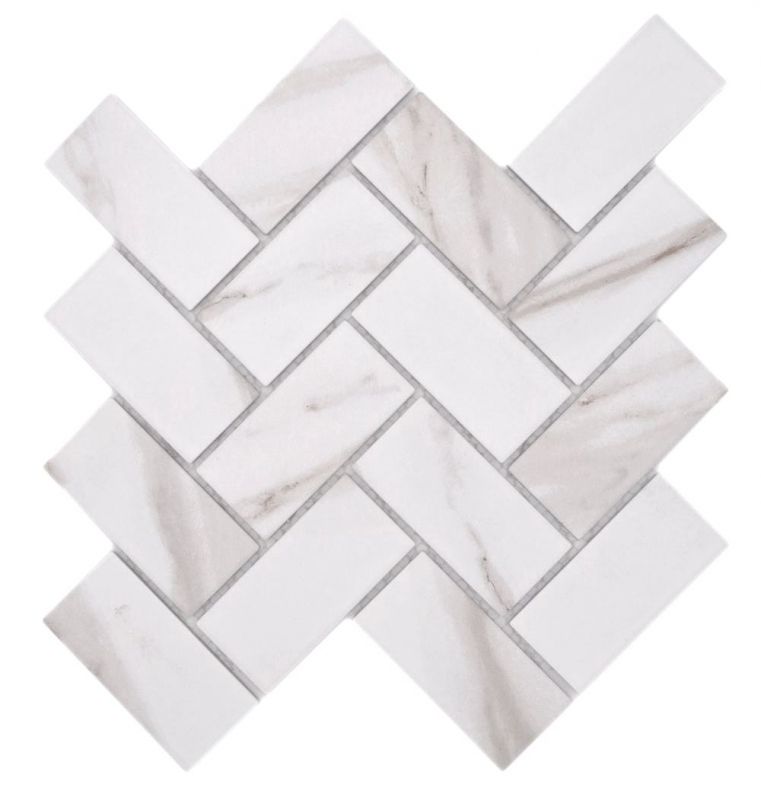 Échantillon manuel de carreaux de mosaïque céramique à chevrons Calacatta blanc gris brun mat MOS24-1112_m