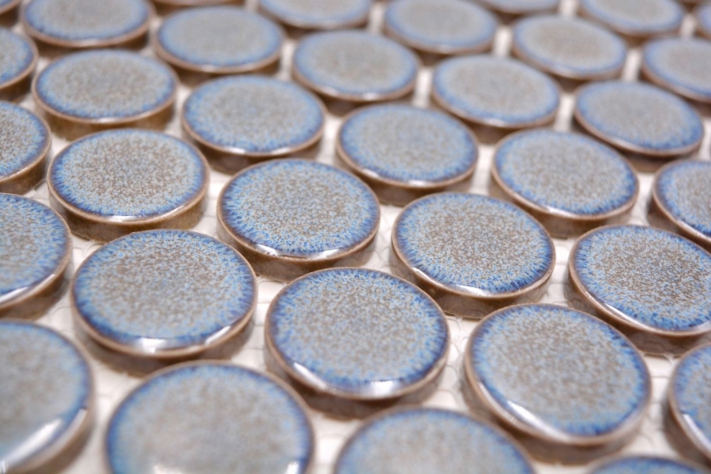 Échantillon manuel de carreaux de mosaïque céramique Bouton Loop Penny rond uni gris-bleu anthracite brillant MOS10-0204GR_m