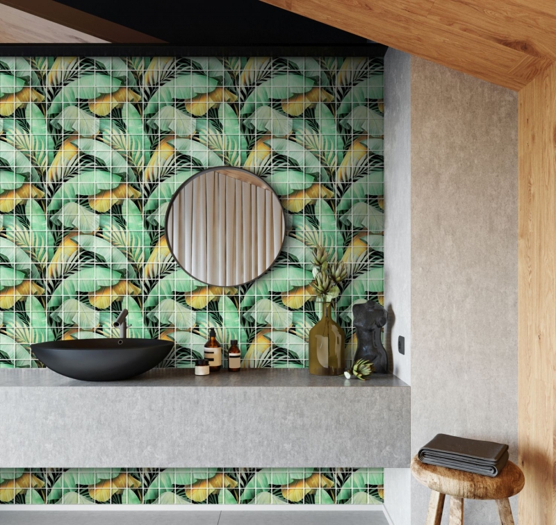 Motif manuel Mosaïque de verre Forêt pluviale Vert Marron Feuilles optiques MOS88-Pic07_m