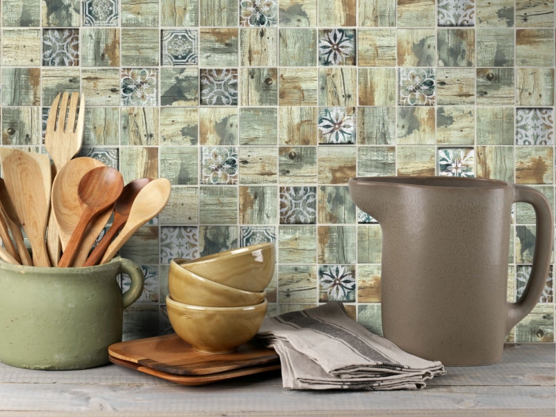 Échantillon manuel de mosaïque de verre Medio Vintage Patchwork beige imitation bois Ornement MOS160-W700_m