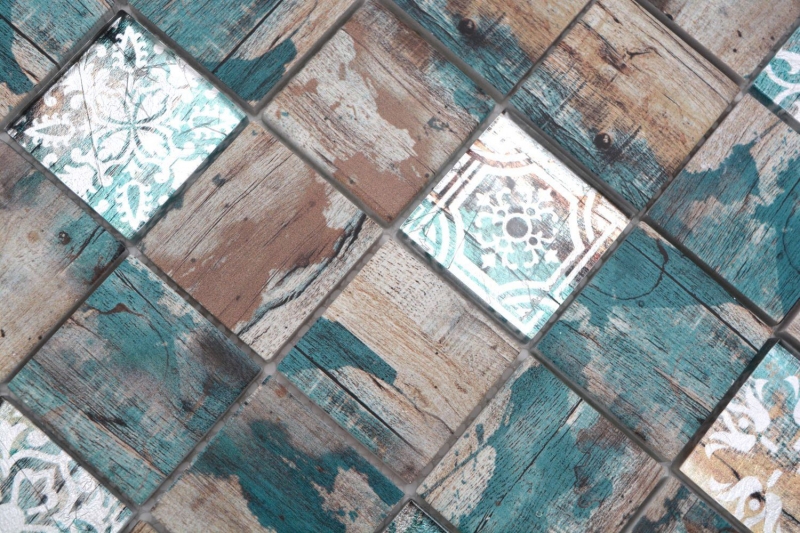 Échantillon manuel Mosaïque de verre Medio Vintage Patchwork beige pertrol aspect bois Ornement MOS160-W800_m
