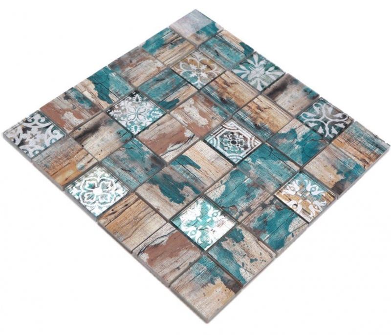 Échantillon manuel Mosaïque de verre Medio Vintage Patchwork beige pertrol aspect bois Ornement MOS160-W800_m