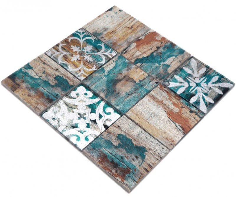 Échantillon manuel de mosaïque de verre Piastrella Vintage Patchwork beige pertrol aspect bois ornement MOS160-W850_m