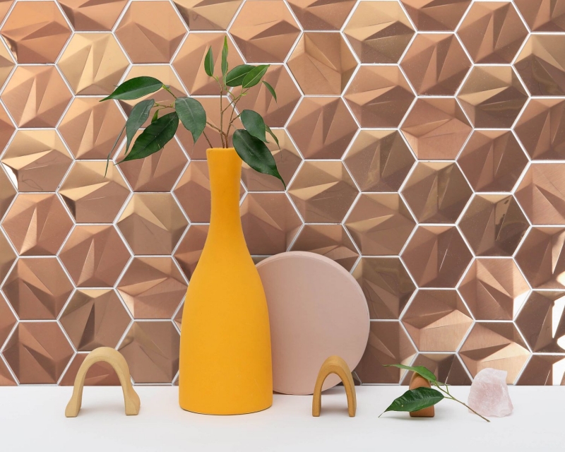 Échantillon manuel de carreaux de mosaïque hexagonale en acier 3D or rose brillant/mat MOS128-BR_m