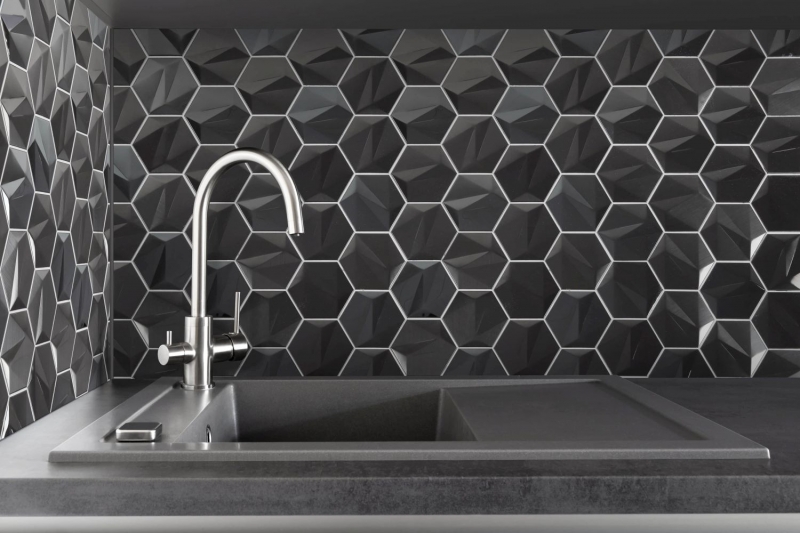 Échantillon manuel de mosaïque hexagonale en acier inoxydable 3D Tungsten brillant/mat MOS128-PL_m