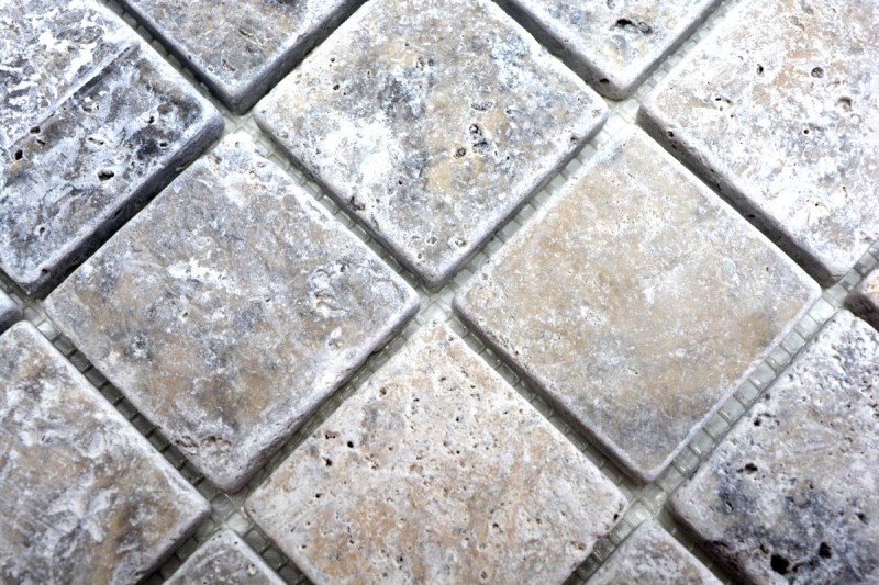 Échantillon manuel de mosaïque Carreau de travertin Pierre naturelle blanc-gris argent Antique Travertin MOS43-47048_m