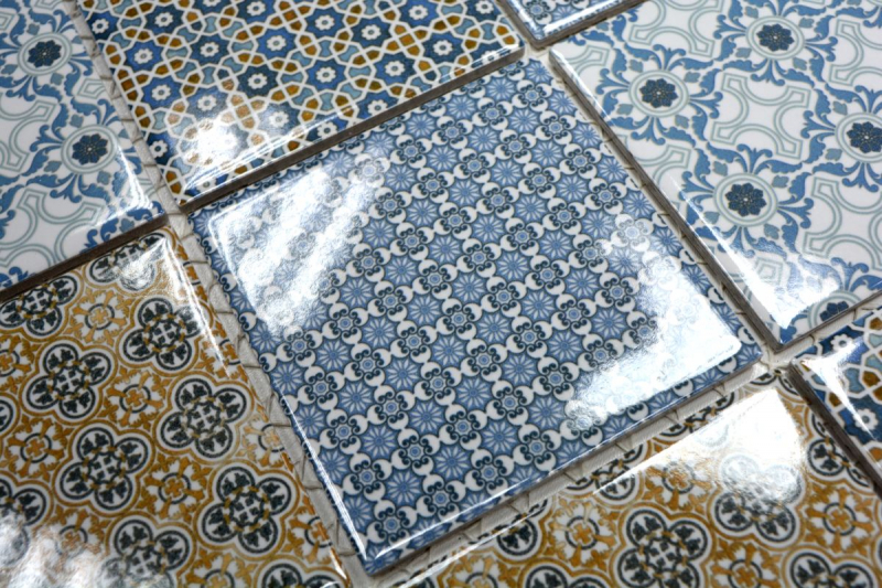 Mosaïque rétro vintage dosseret de cuisine blanc bleu orange gris MOS22B-1404_f | 10 tapis de mosaïque