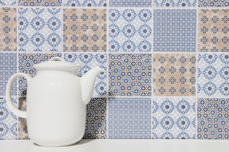 Retro Vintage Mosaïque Fond de cuisine blanc bleu orange gris Patchwork - MOS22B-1404