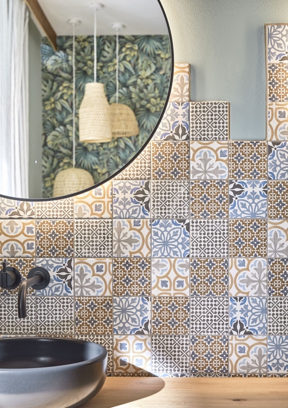 Mosaïque rétro vintage mur céramique crème bleu orange gris mat patchwork - MOS22B-1406