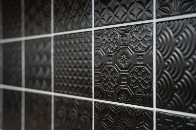 Mosaïque rétro vintage mur céramique noir structure mur salle de bain cuisine WC revêtement - MOS22B-1403