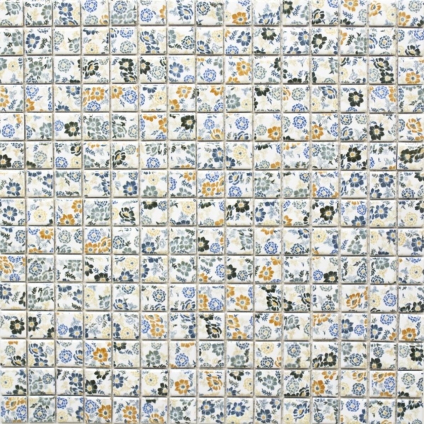 Motif main Carreau mosaïque rétro vintage céramique blanche multicolore fleurs MOS18C-1401_m