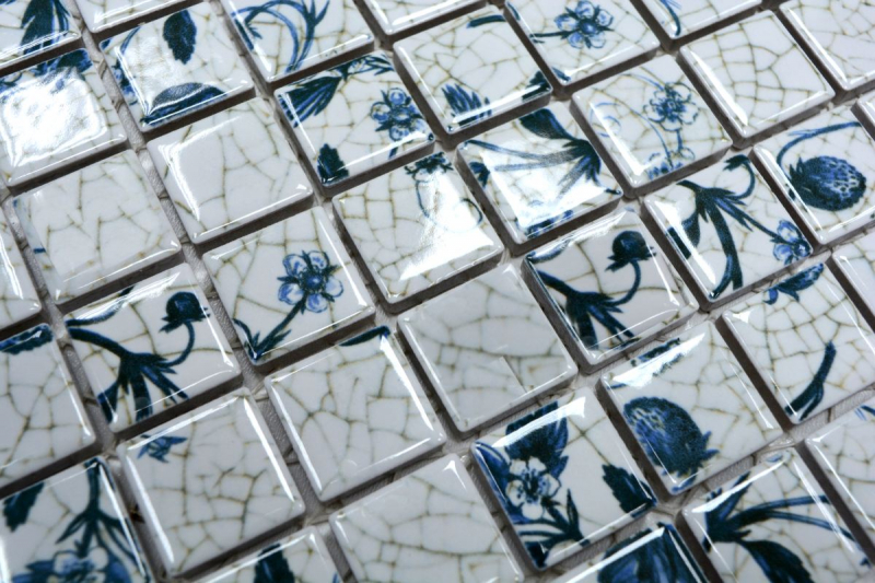Motif main Carreau de mosaïque Rétro Vintage Céramique blanche fleur bleue Dos de cuisine MOS18D-1404_m