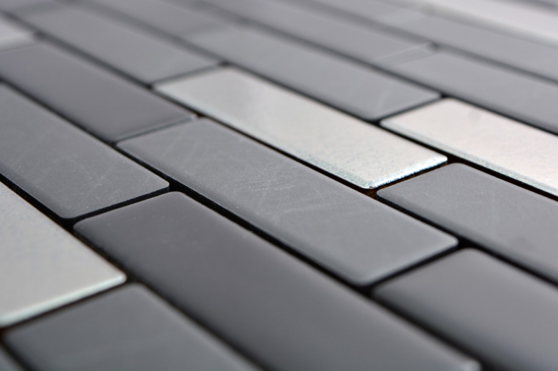 Mosaïque composite céramique noir argent chromé baguettes miroir carrelage MOS26-0317_f | 10 tapis mosaïque