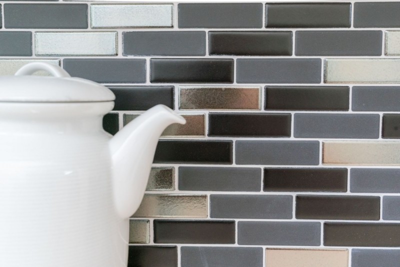 Mosaïque composite plaquette céramique noir argent chromé baguettes carrelage MOS26-0317