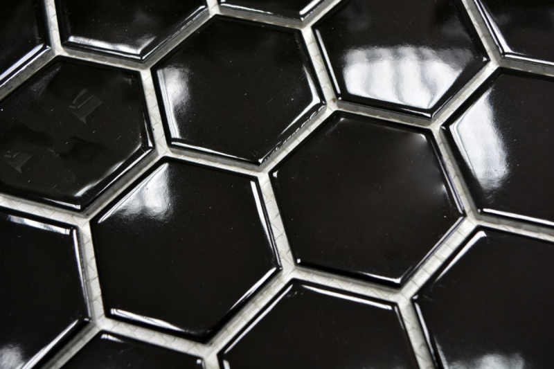 Motif manuel Carreau de mosaïque Céramique Hexagone noir brillant Dos de douche Miroir de carrelage MOS11B-0302_m